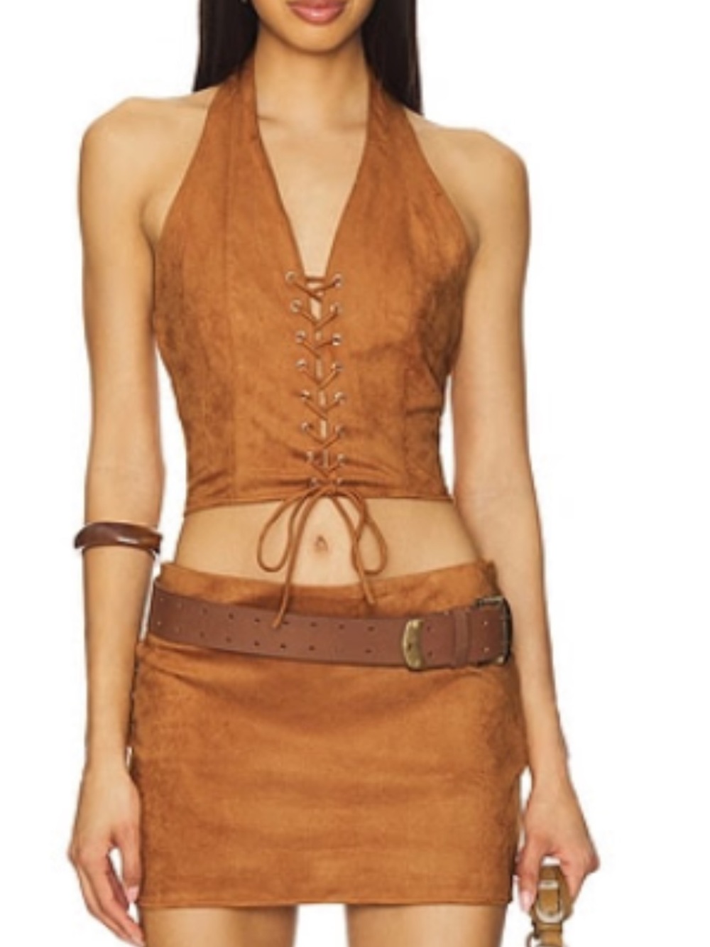 Suede Lace-Up Halter Crop Top and Mini Skirt Set - Cognac